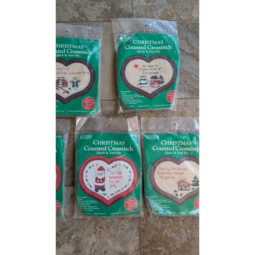 Lot 5 Hobby Kraft Christmas Counted Cross Stitch Kit Heart Frame Santa Snowman
